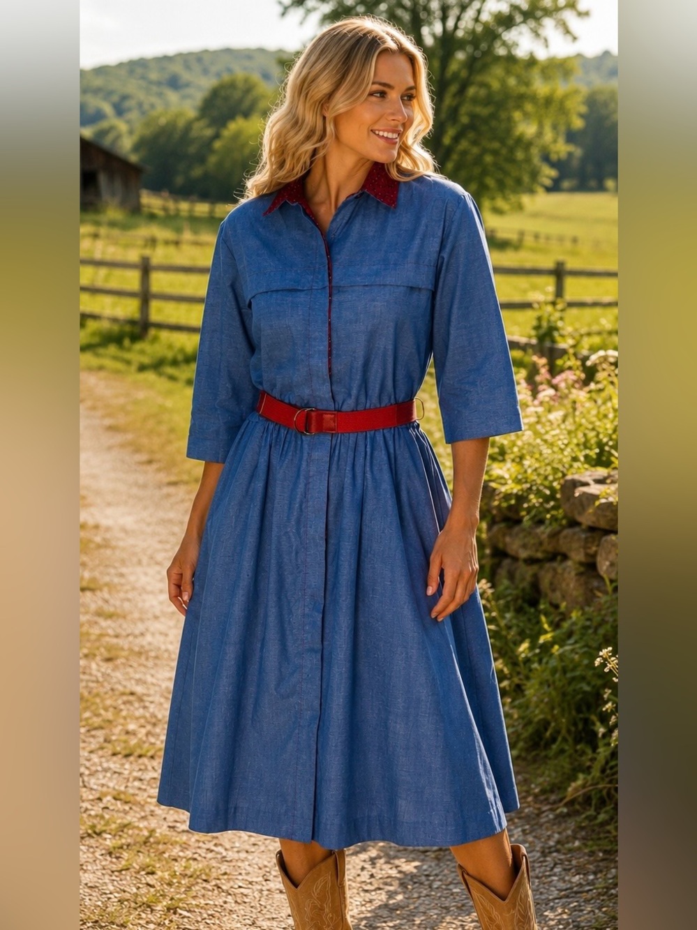 Vintage EJM Petite 14 P Chambray Shirt Dress Blue Red Belt Prairie Country
